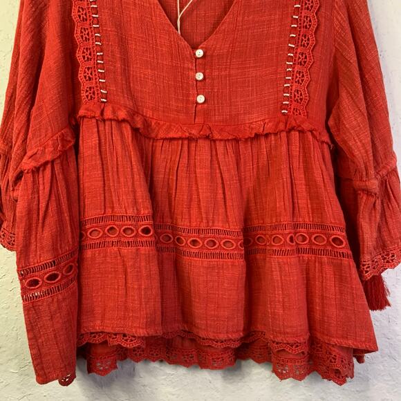 BOHERA Blouse XL Boho Shirred Ruffle Tiered Pinkilicious V-Neck Lace & Beads NWT - Picture 7 of 15
